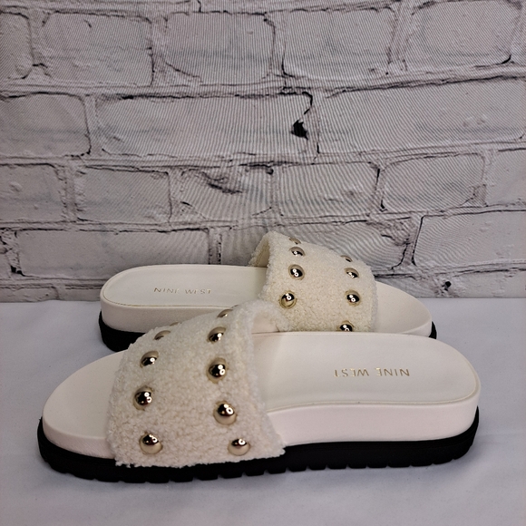 NINE WEST 'FREELY' SHEARLING & STUDDED SLIP ON SANDALS - Picture 5 of 14